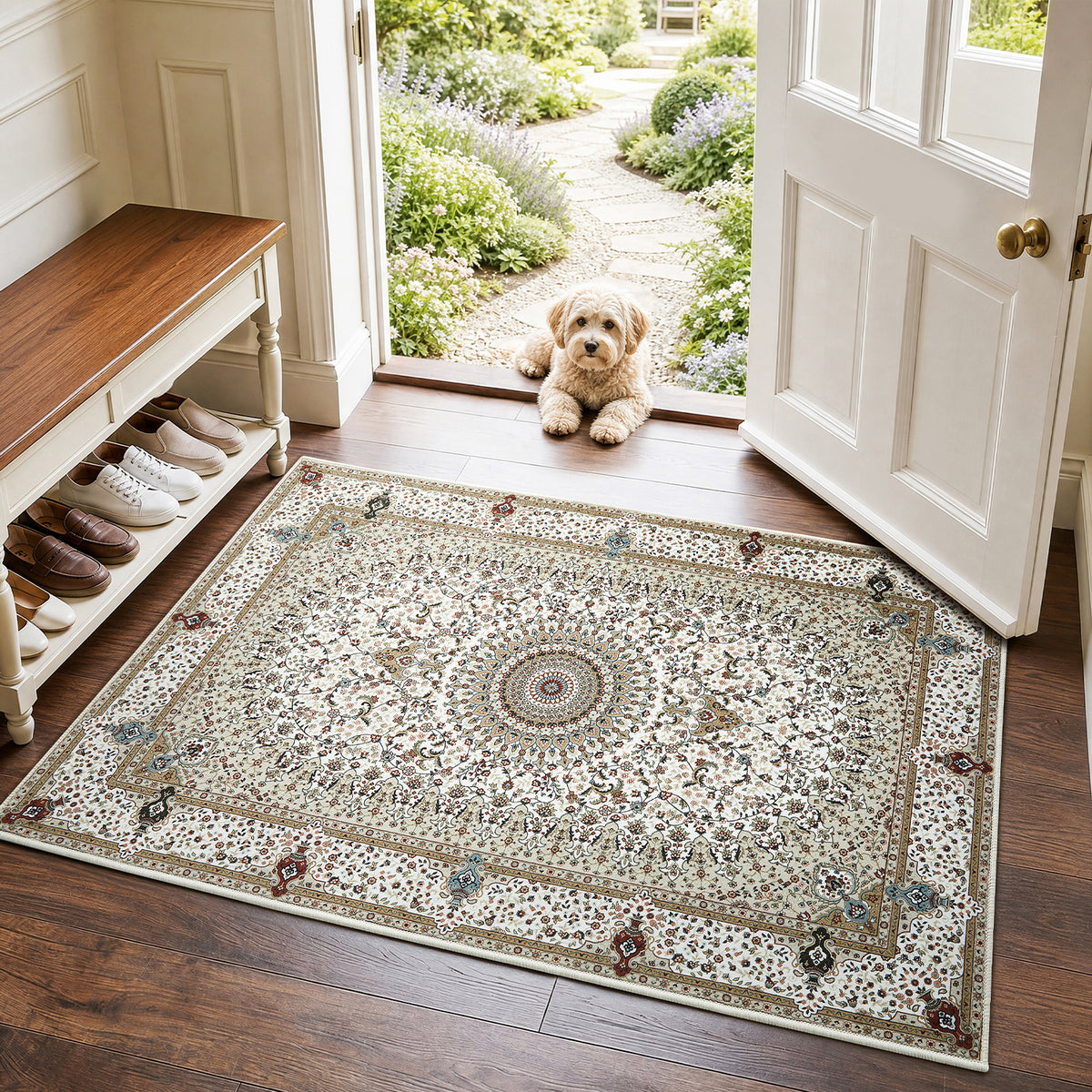 Beige & Cream Persian Medallion Washable Rug - Classic Oriental Carpet