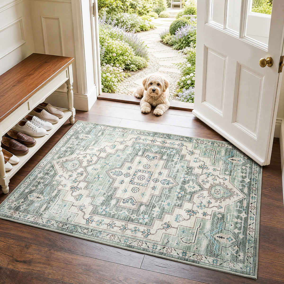 Sage Green Heriz Medallion Washable Rug - Vintage Distressed Persian Geometric Carpet
