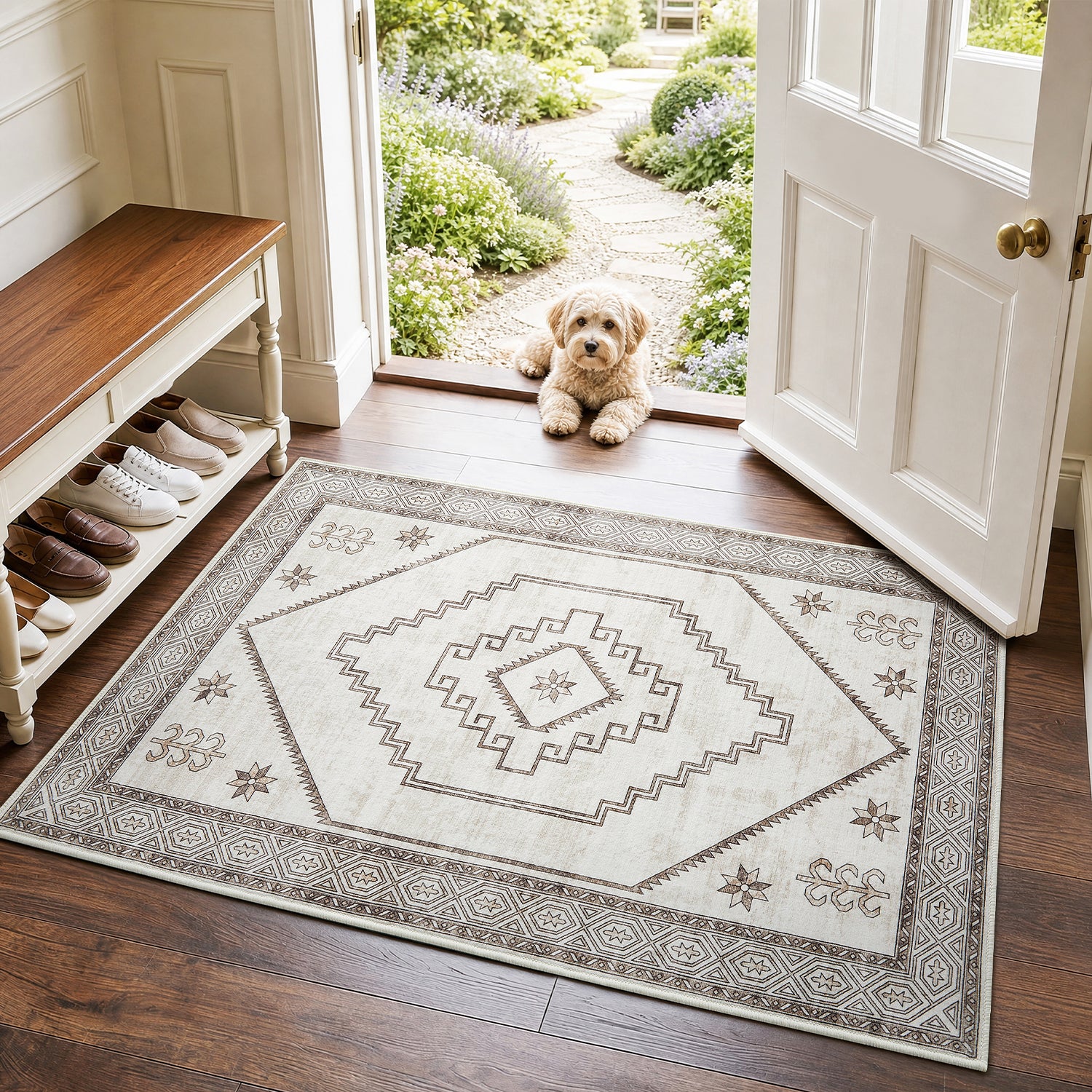 Neutral Cream & Brown Tribal Kilim Washable Runner Rug - Scandinavian Boho Carpet