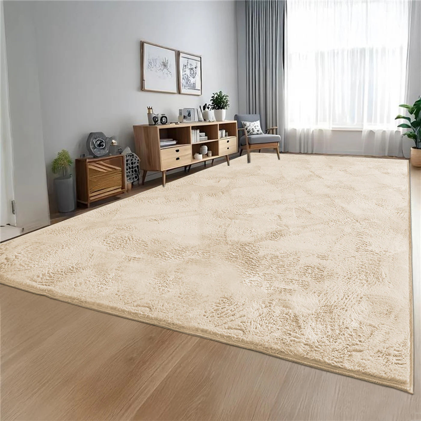 Beige Rabbit Faux Fur Rug Fluffy Plush Bedroom Runner
