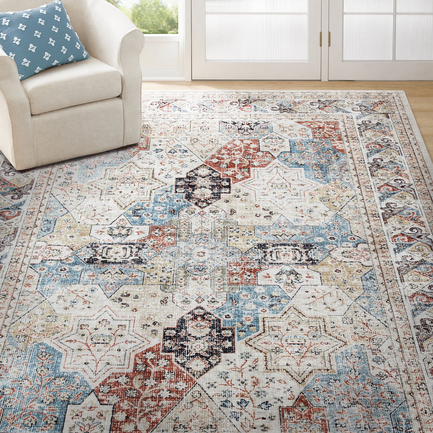Beige & Blue Multi Mamluk Star Lattice Washable Vintage Area Rug