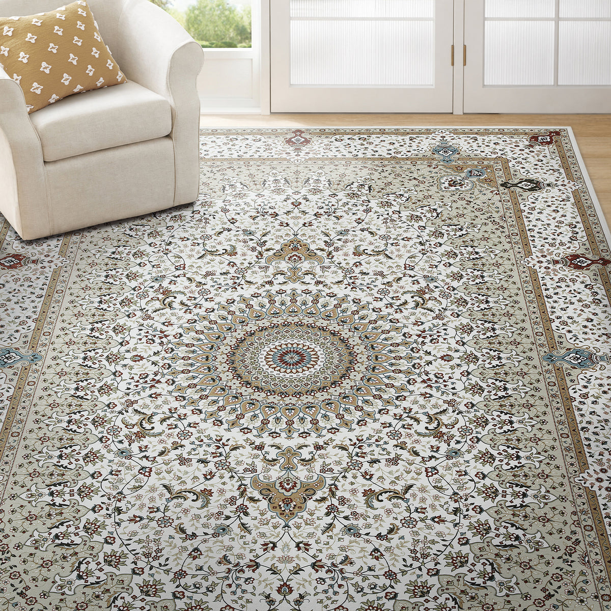 Beige & Cream Persian Medallion Washable Rug - Classic Oriental Carpet