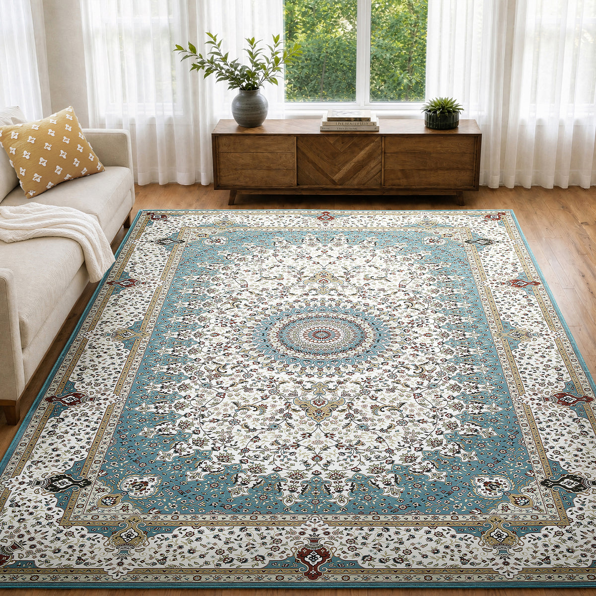 Teal & Cream Persian Medallion Washable Rug - Traditional Floral Area Carpet