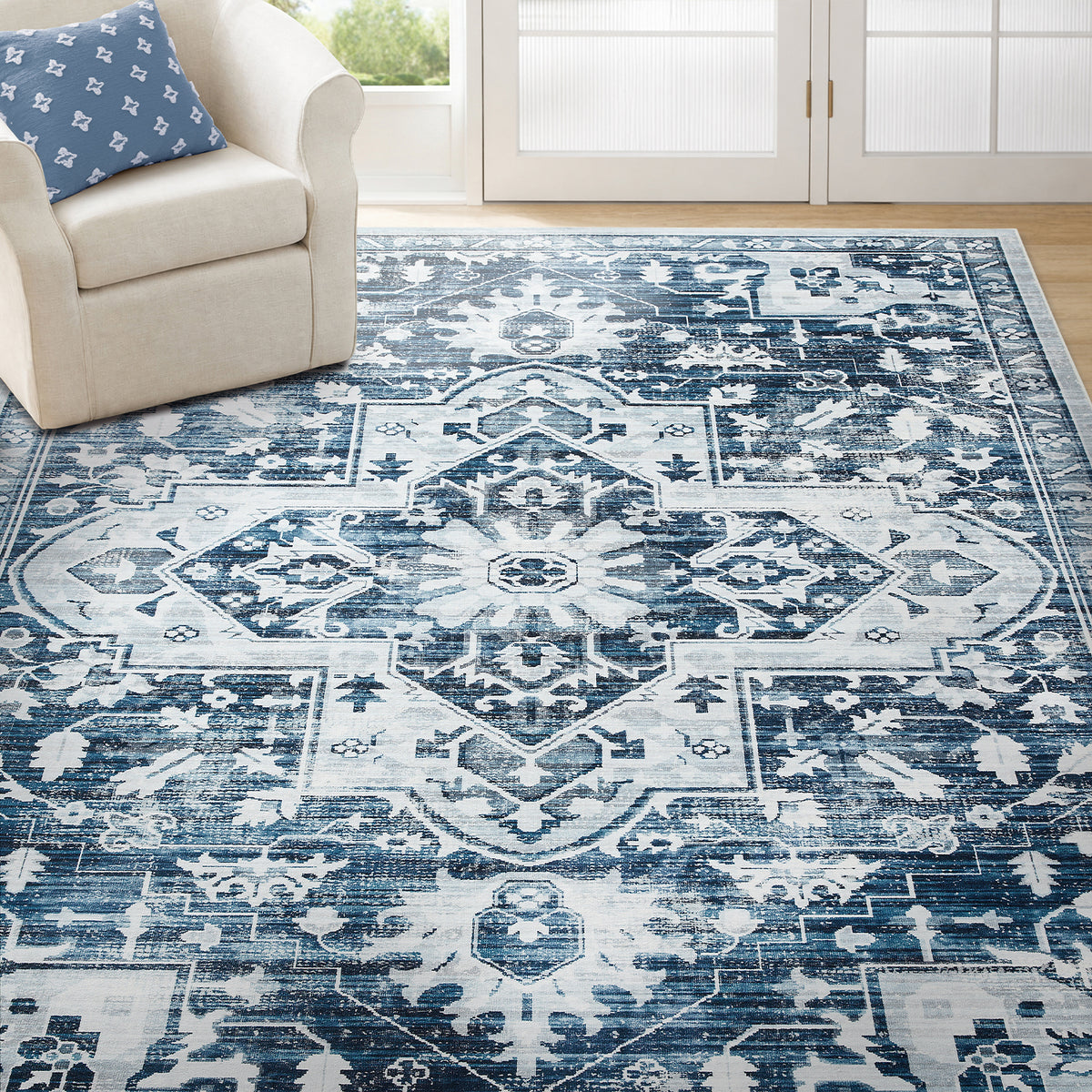 Blue Distressed Heriz Medallion Washable Rug - Persian Geometric Area Carpet