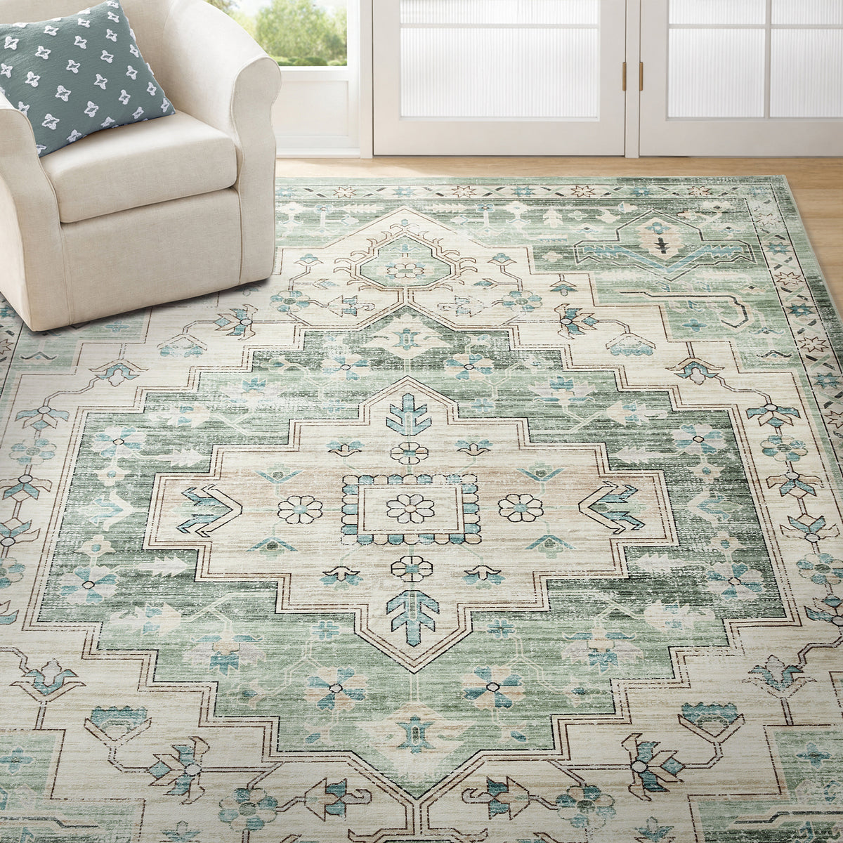 Sage Green Heriz Medallion Washable Rug - Vintage Distressed Persian Geometric Carpet