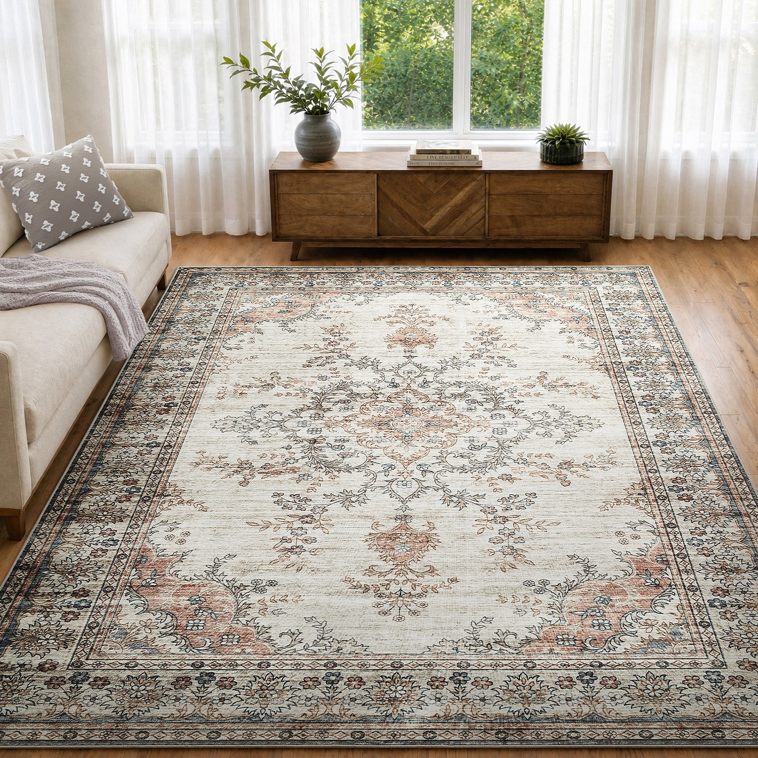 Beige & Terracotta Persian Floral Medallion Washable Rug - Vintage Distressed Carpet