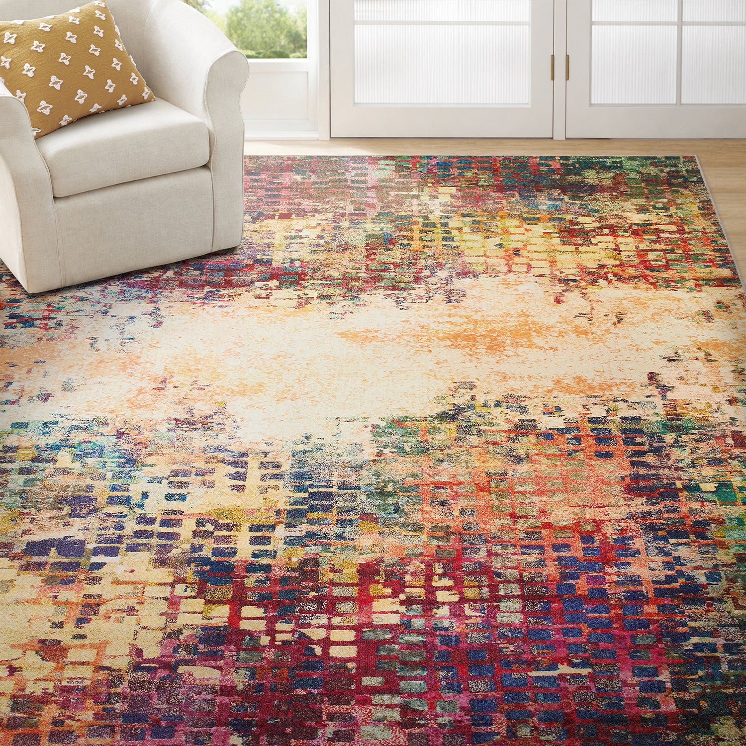 Multicolour Abstract Pixel Mosaic Washable Rug - Modern Fade Design Carpet