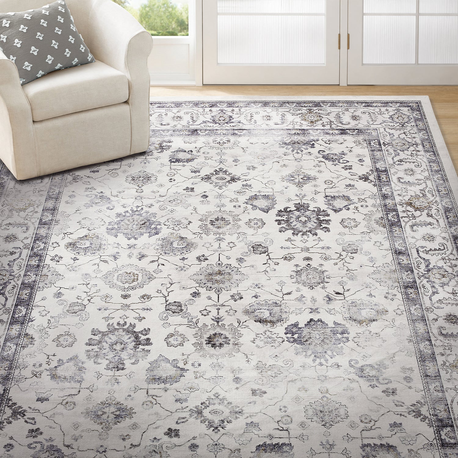 Grey & Ivory Distressed Persian Floral Washable Rug - Traditional All-Over Border Carpet
