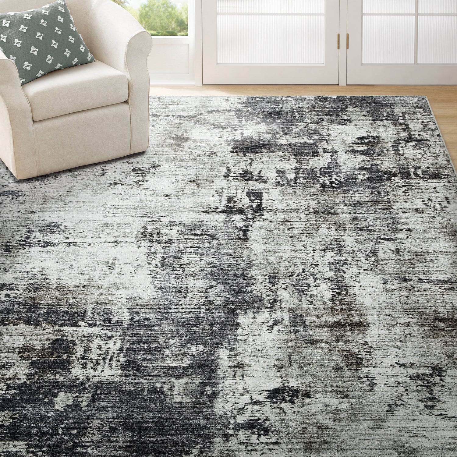 Grey Abstract Distressed Washable Rug - Modern Concrete-Effect Area Carpet