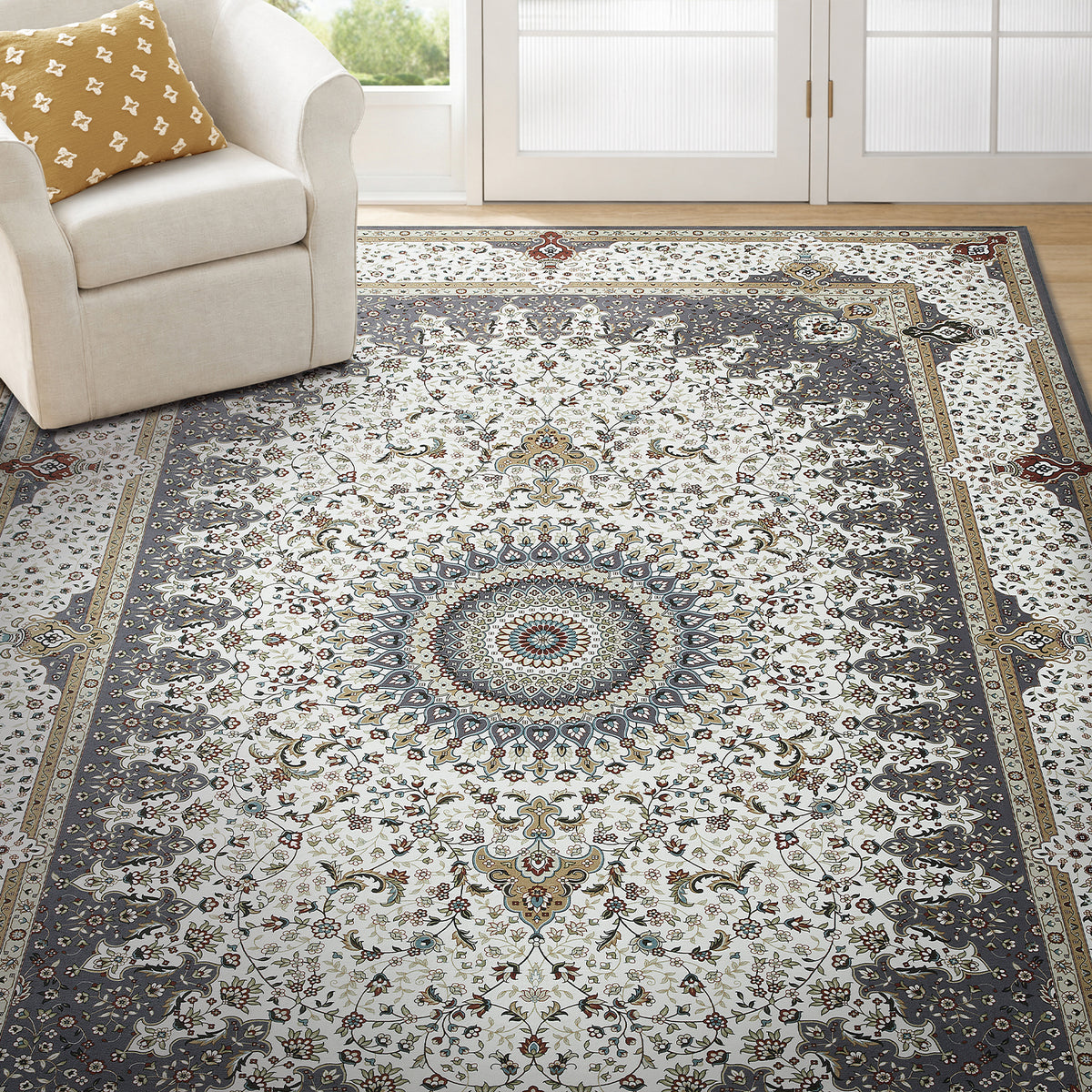 Grey & Cream Persian Rosette Medallion Washable Rug - Traditional Isfahan Carpet
