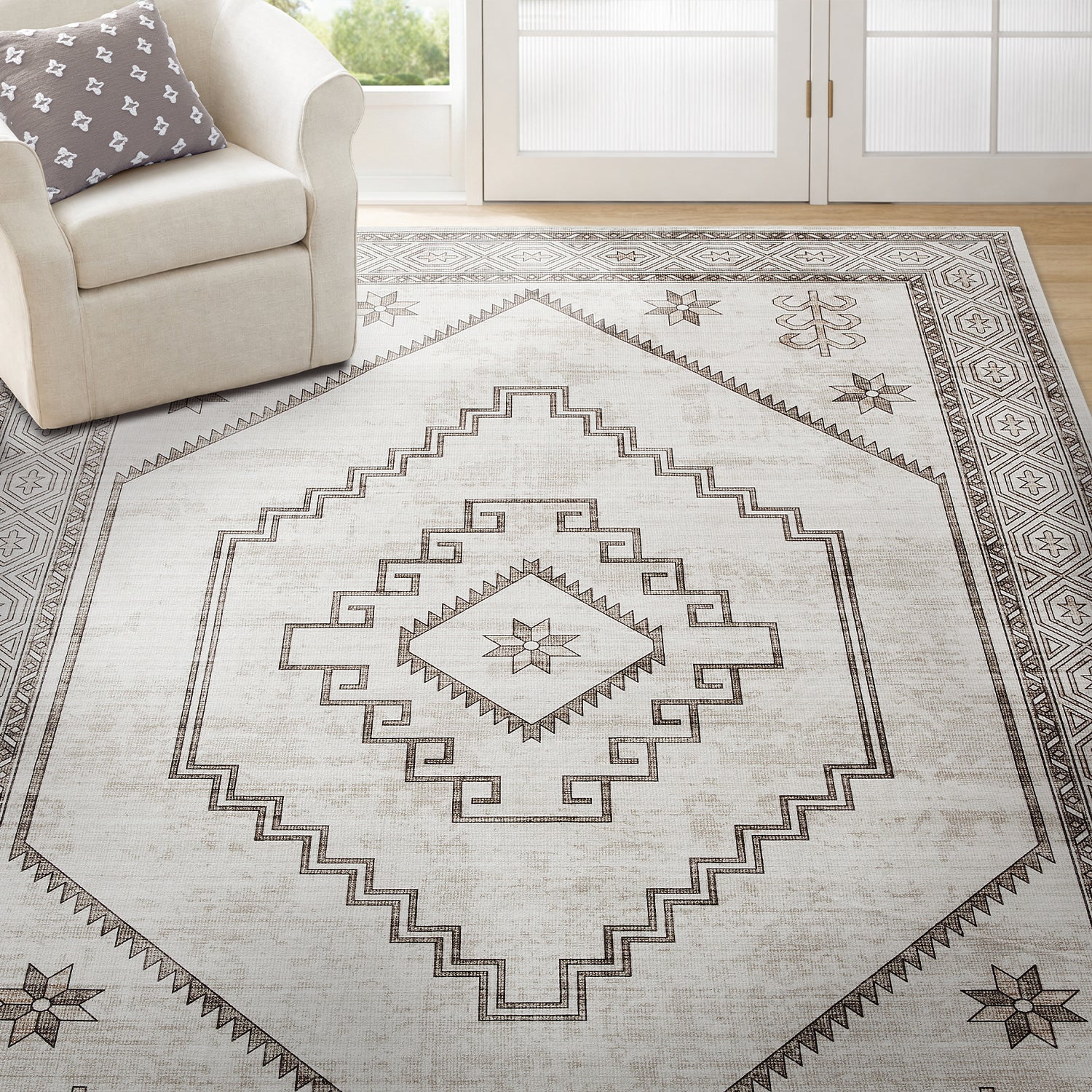 Neutral Cream & Brown Tribal Kilim Washable Runner Rug - Scandinavian Boho Carpet