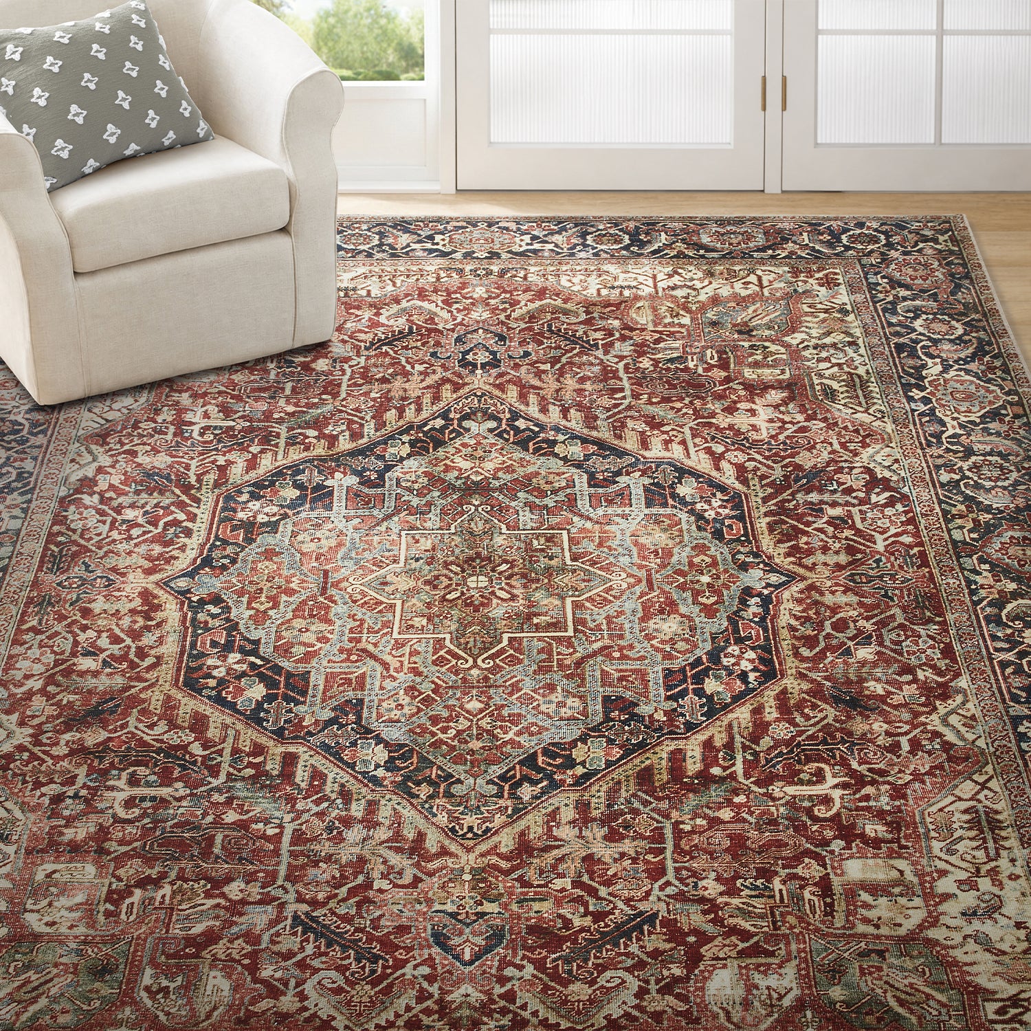 Rust & Navy Heriz Medallion Washable Rug - Traditional Persian Geometric Carpet