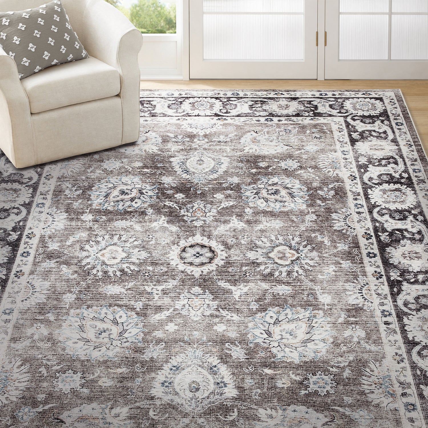 Charcoal & Brown Distressed Persian Floral Washable Rug - Traditional Border Carpet