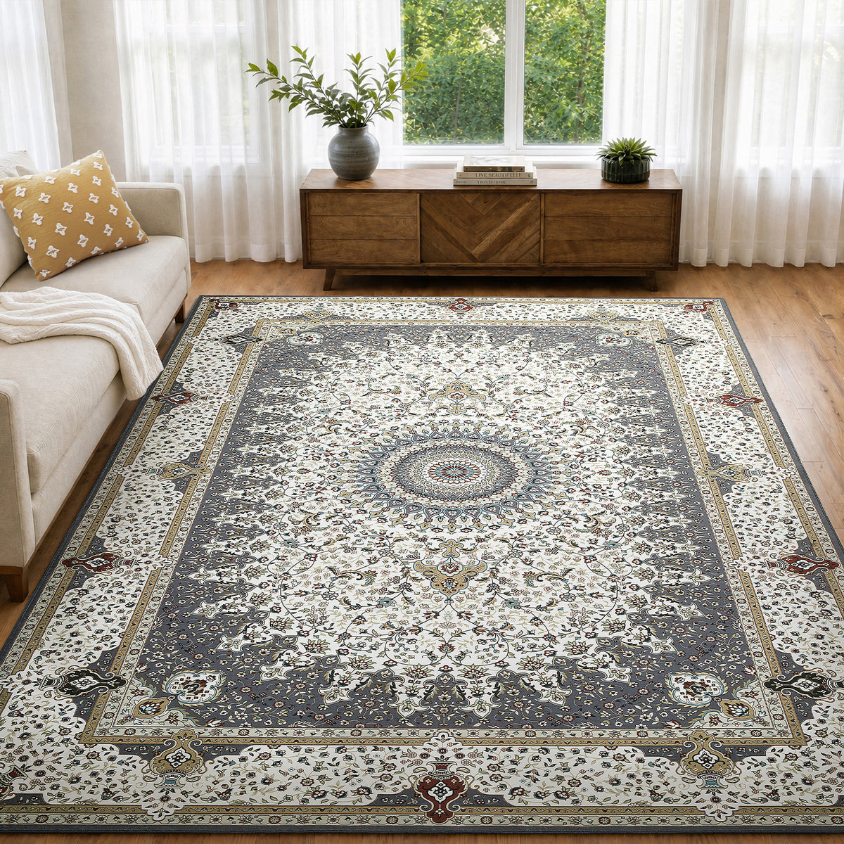 Grey & Cream Persian Rosette Medallion Washable Rug - Traditional Isfahan Carpet