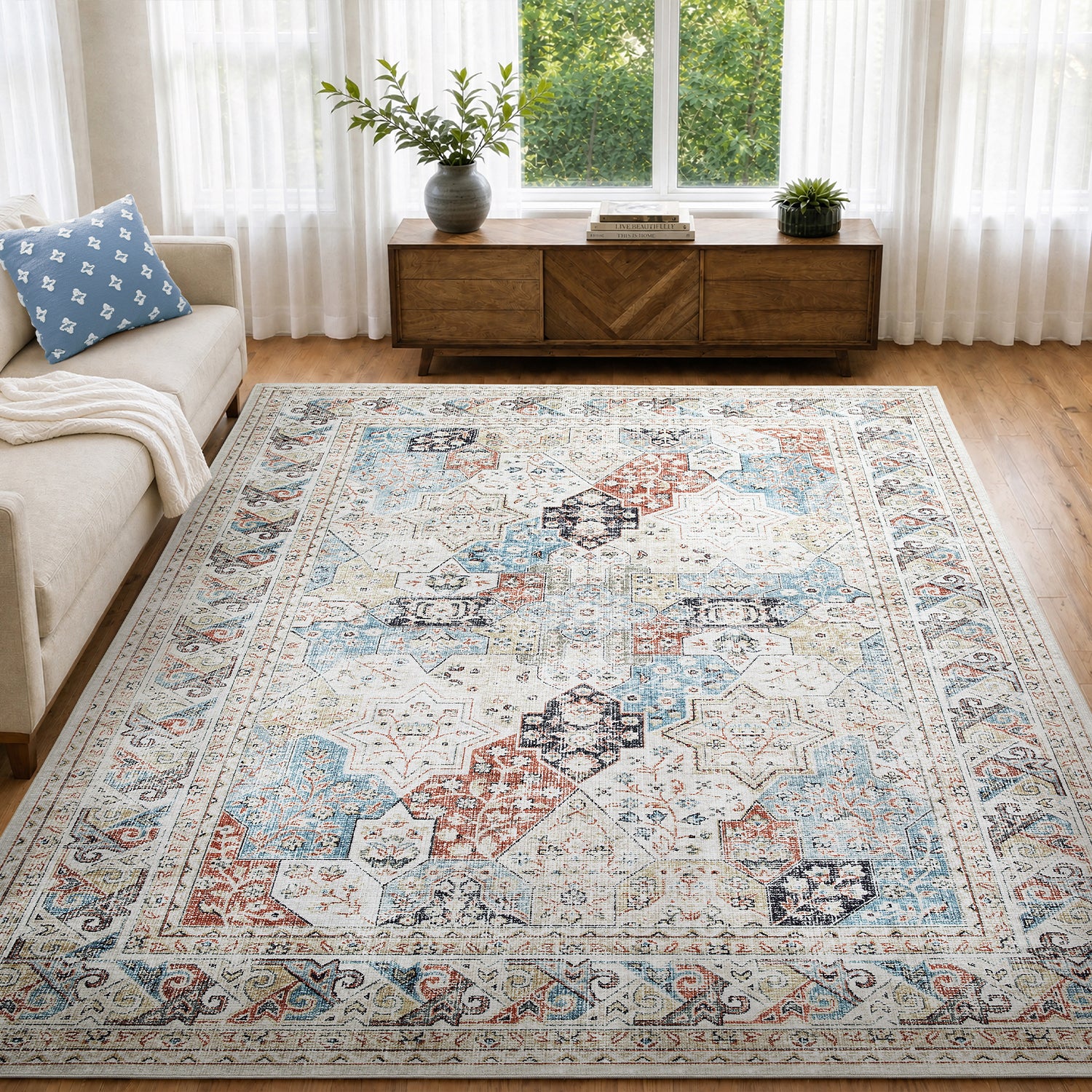 Beige & Blue Multi Mamluk Star Lattice Washable Vintage Area Rug