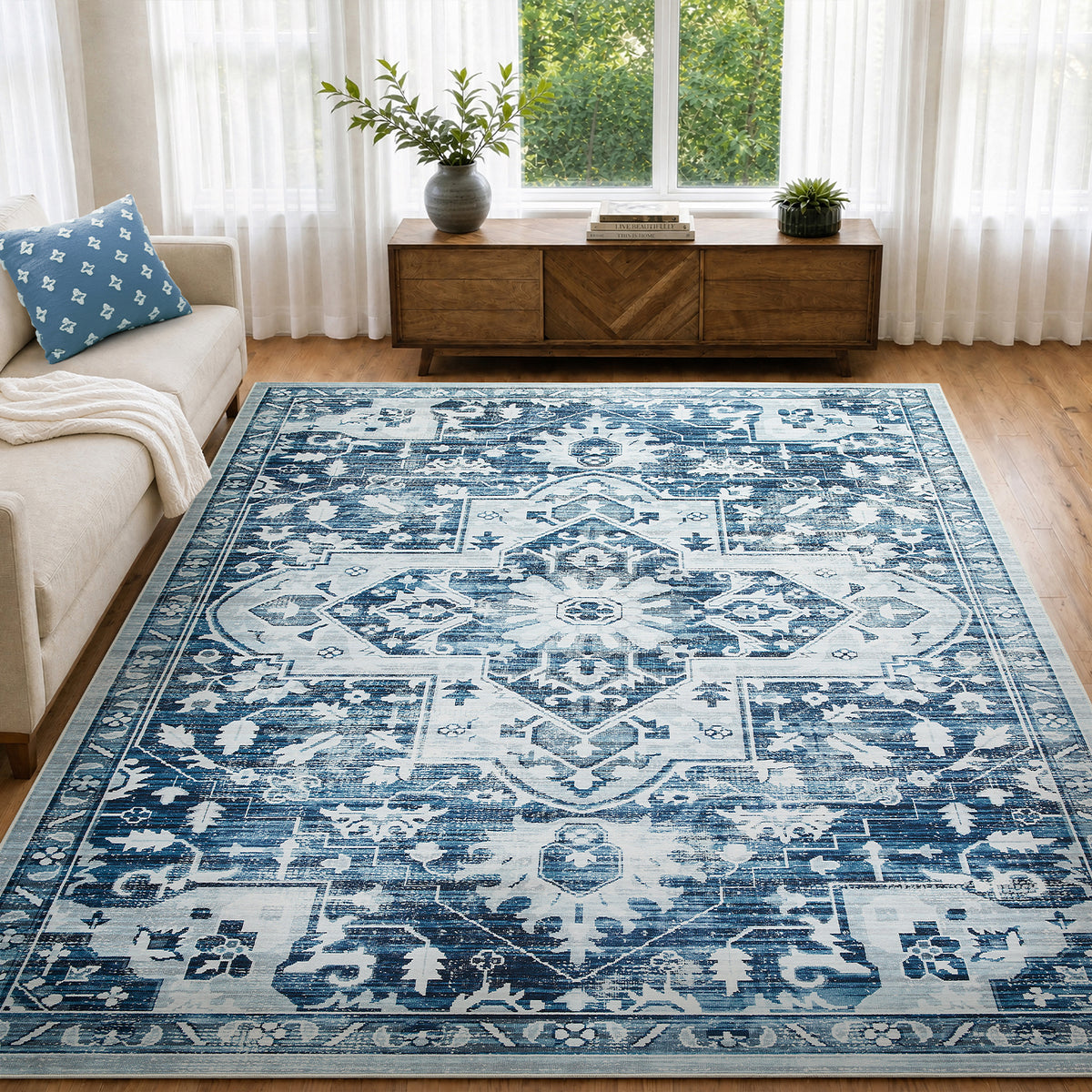 Blue Distressed Heriz Medallion Washable Rug - Persian Geometric Area Carpet