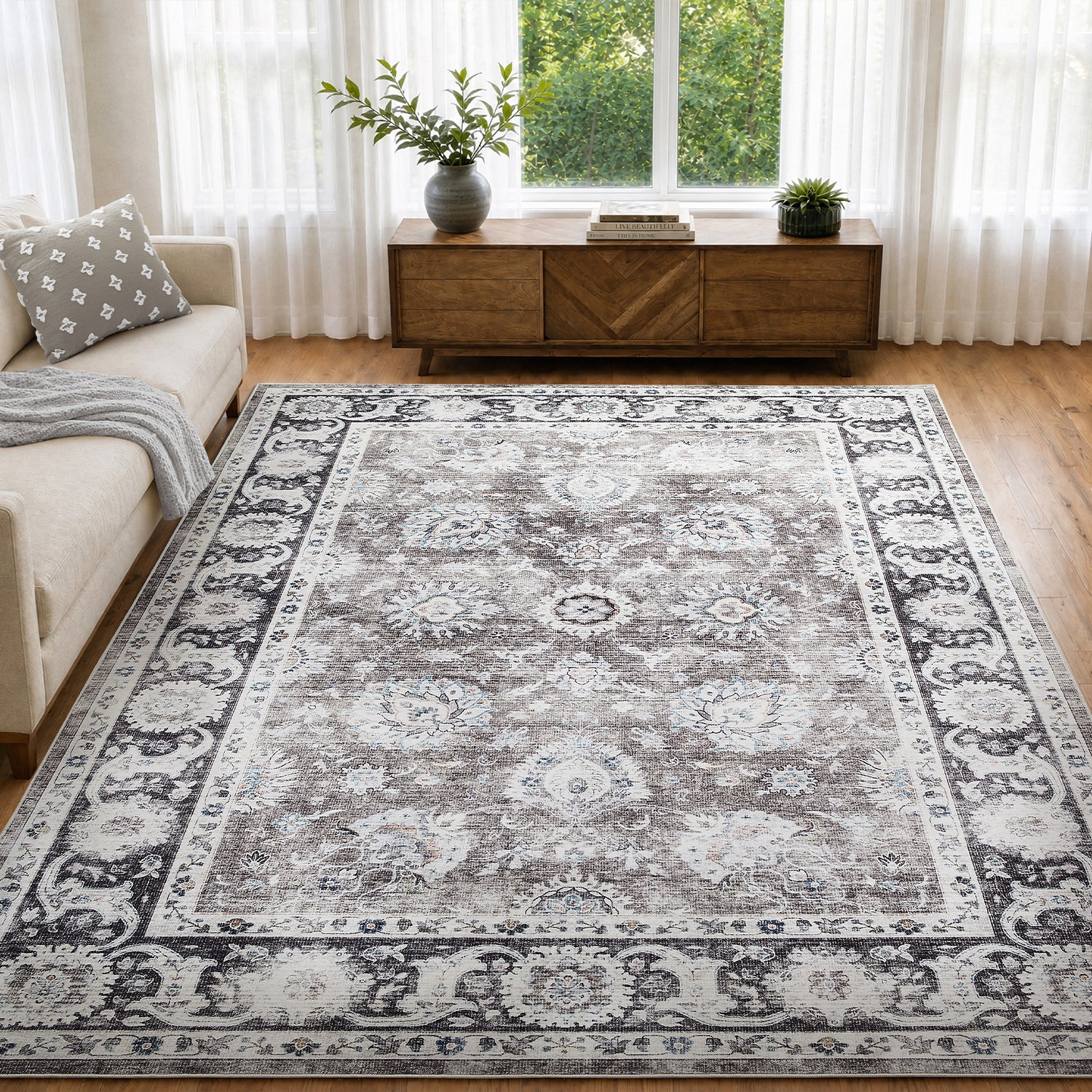 Charcoal & Brown Distressed Persian Floral Washable Rug - Traditional Border Carpet