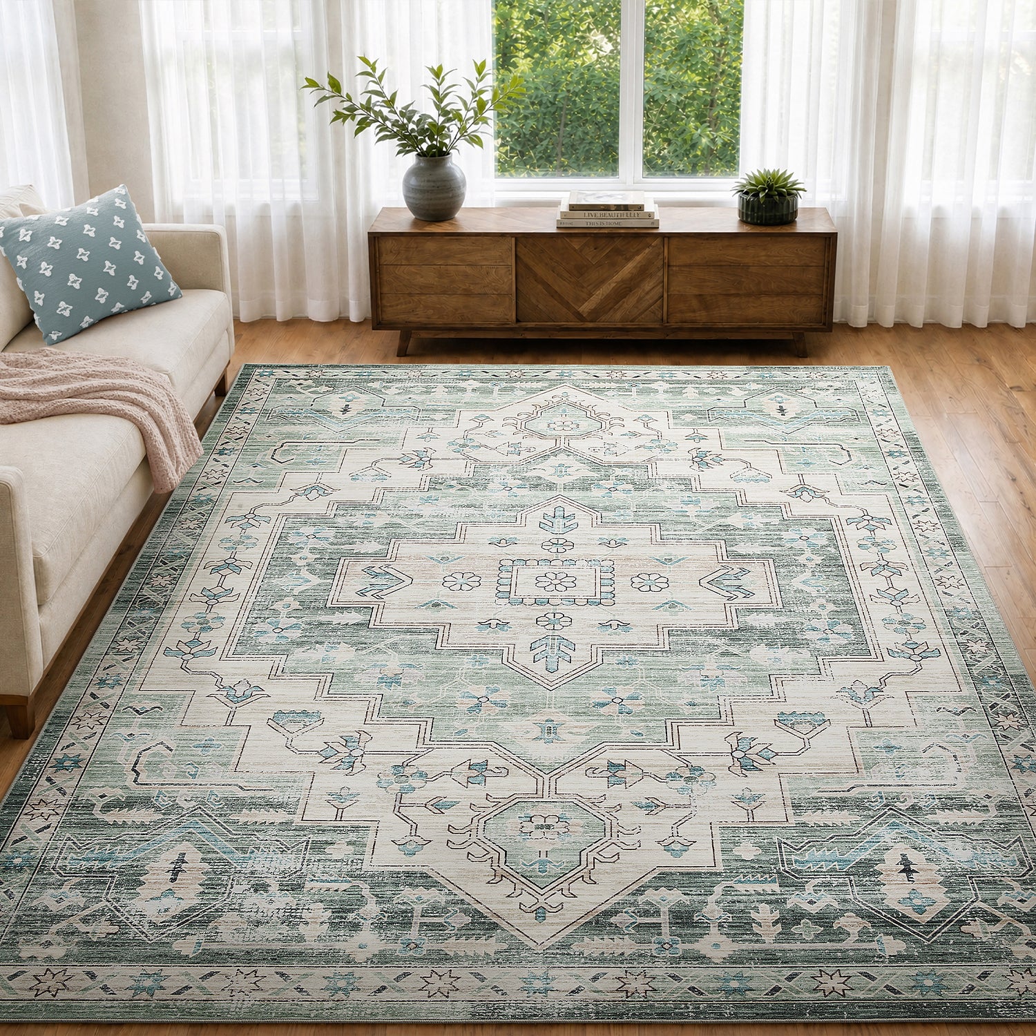 Sage Green Heriz Medallion Washable Rug - Vintage Distressed Persian Geometric Carpet