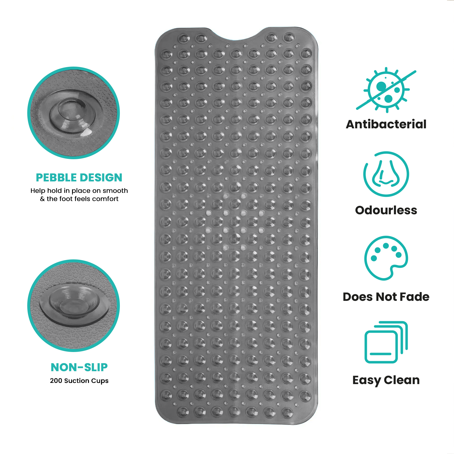 Shower Bath Mat Non Slip with Suction Cup Grey