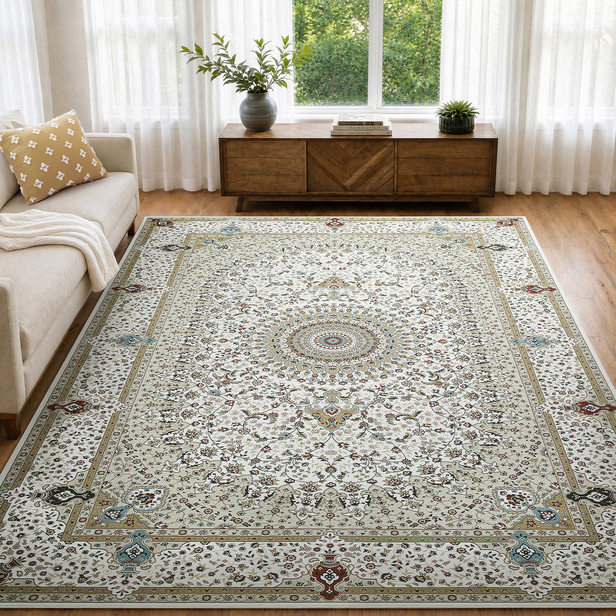 Beige & Cream Persian Medallion Washable Rug - Classic Oriental Carpet