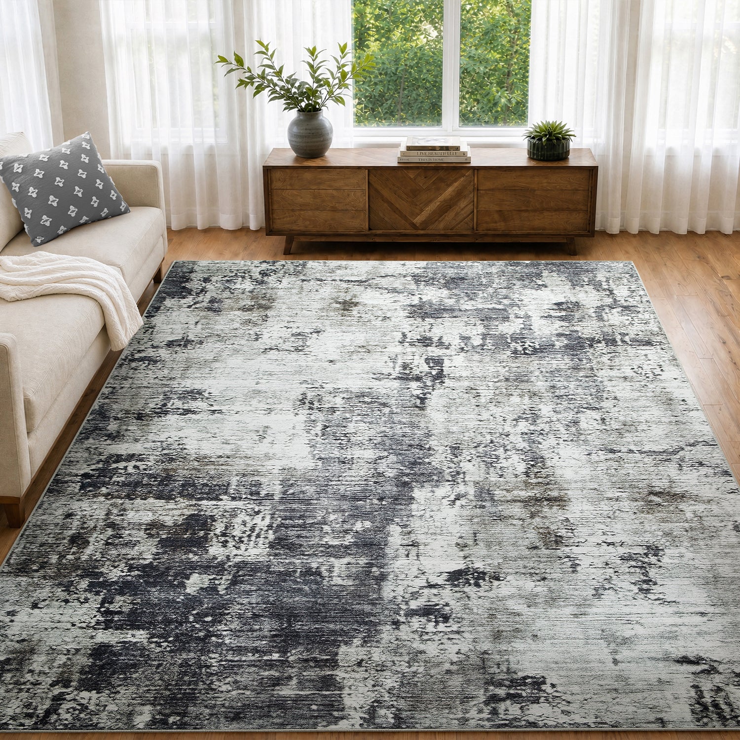 Grey Abstract Distressed Washable Rug - Modern Concrete-Effect Area Carpet