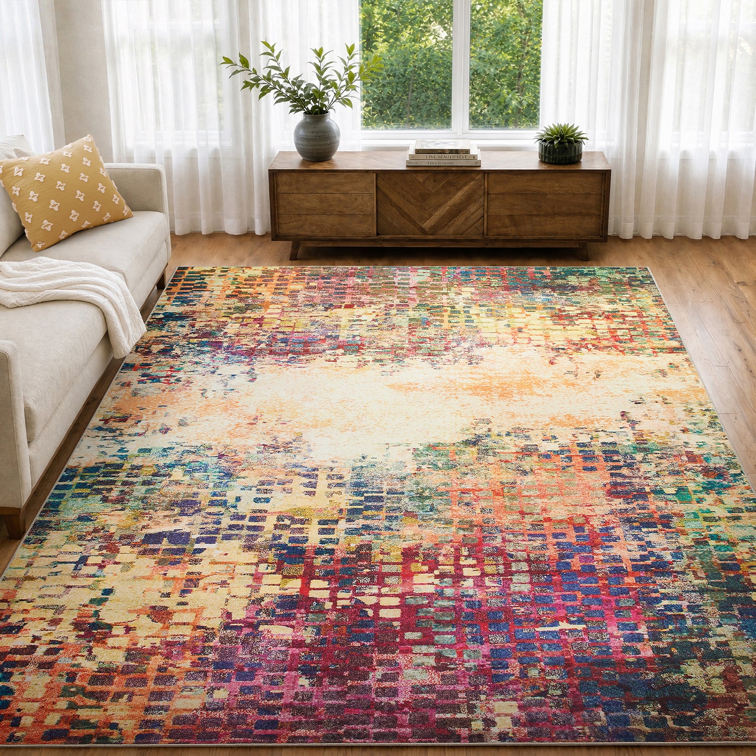 Multicolour Abstract Pixel Mosaic Washable Rug - Modern Fade Design Carpet
