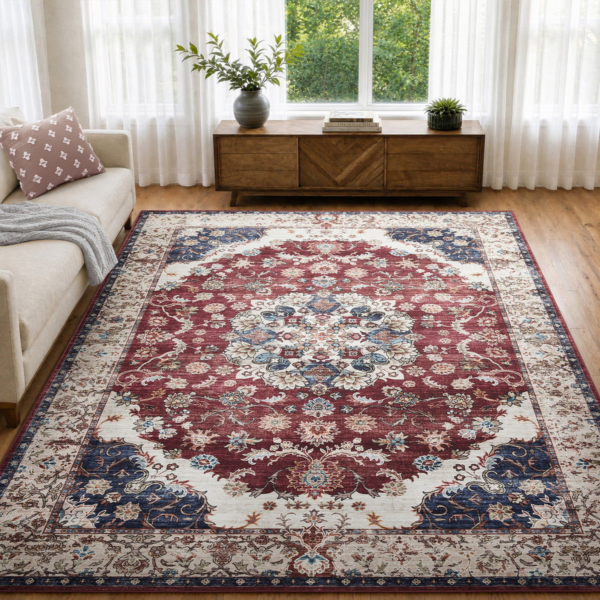 Burgundy & Beige Persian Floral Medallion Washable Rug - Classic Kashan/Tabriz Carpet
