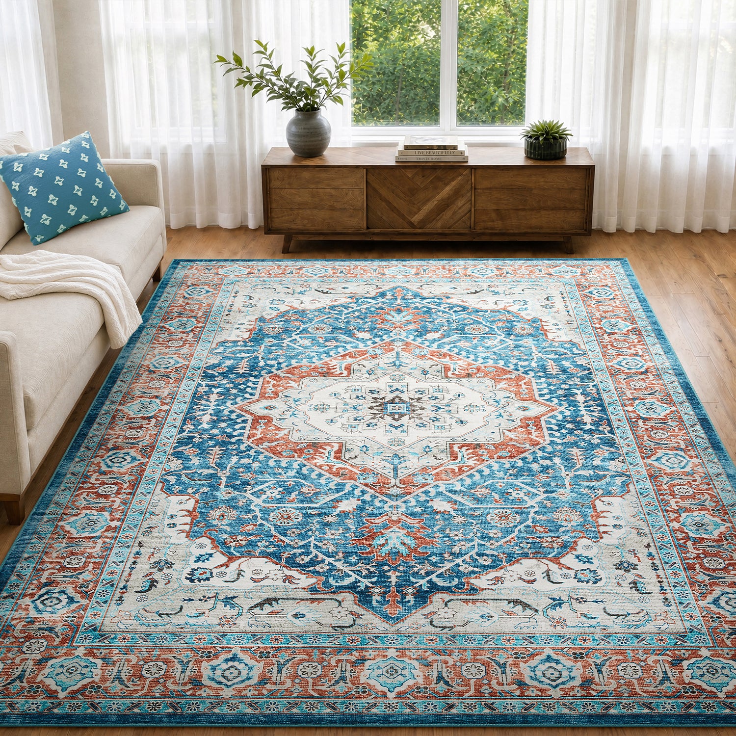 Turquoise & Terracotta Heriz Medallion Washable Carpet Rug - Classic Persian Style