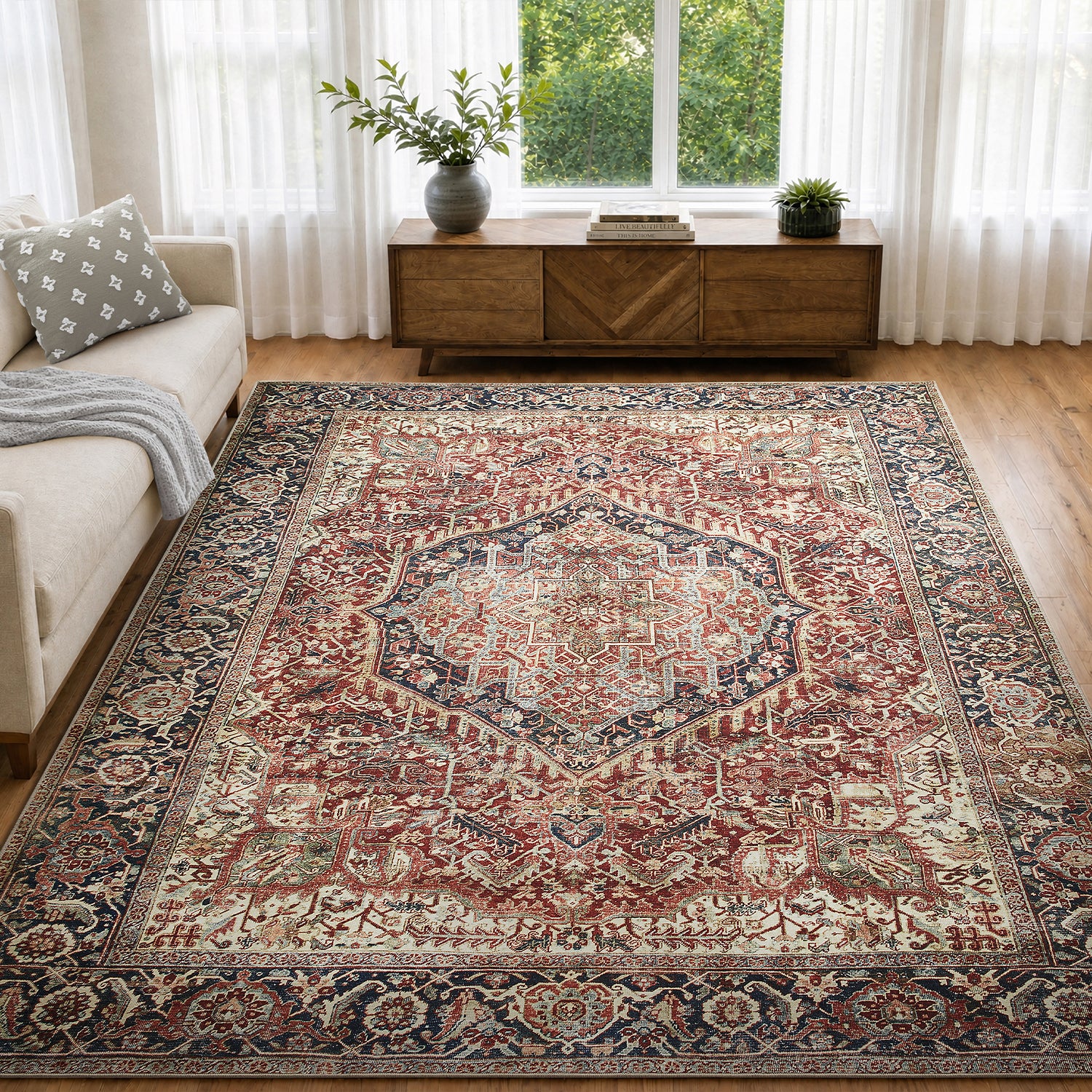Rust & Navy Heriz Medallion Washable Rug - Traditional Persian Geometric Carpet