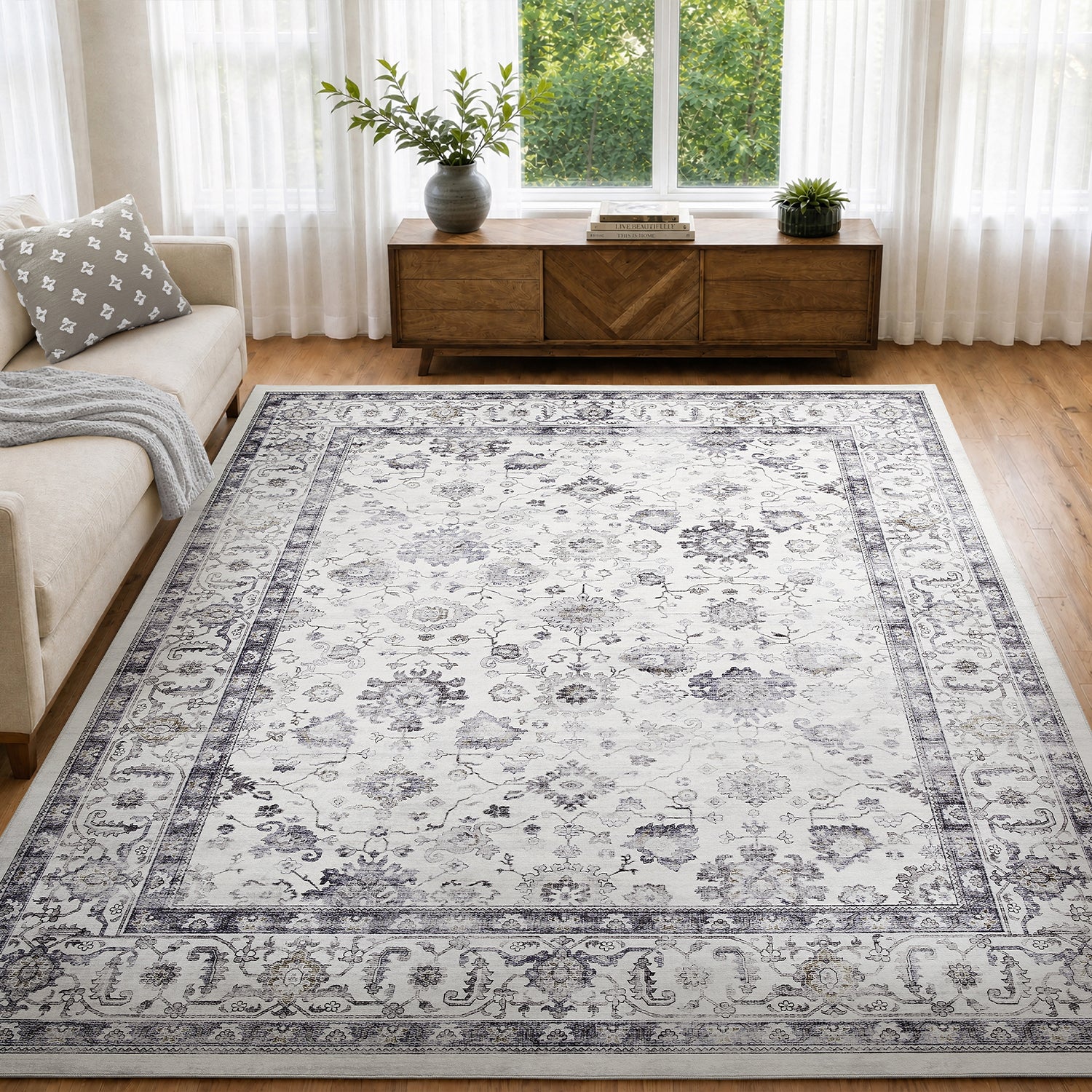 Grey & Ivory Distressed Persian Floral Washable Rug - Traditional All-Over Border Carpet