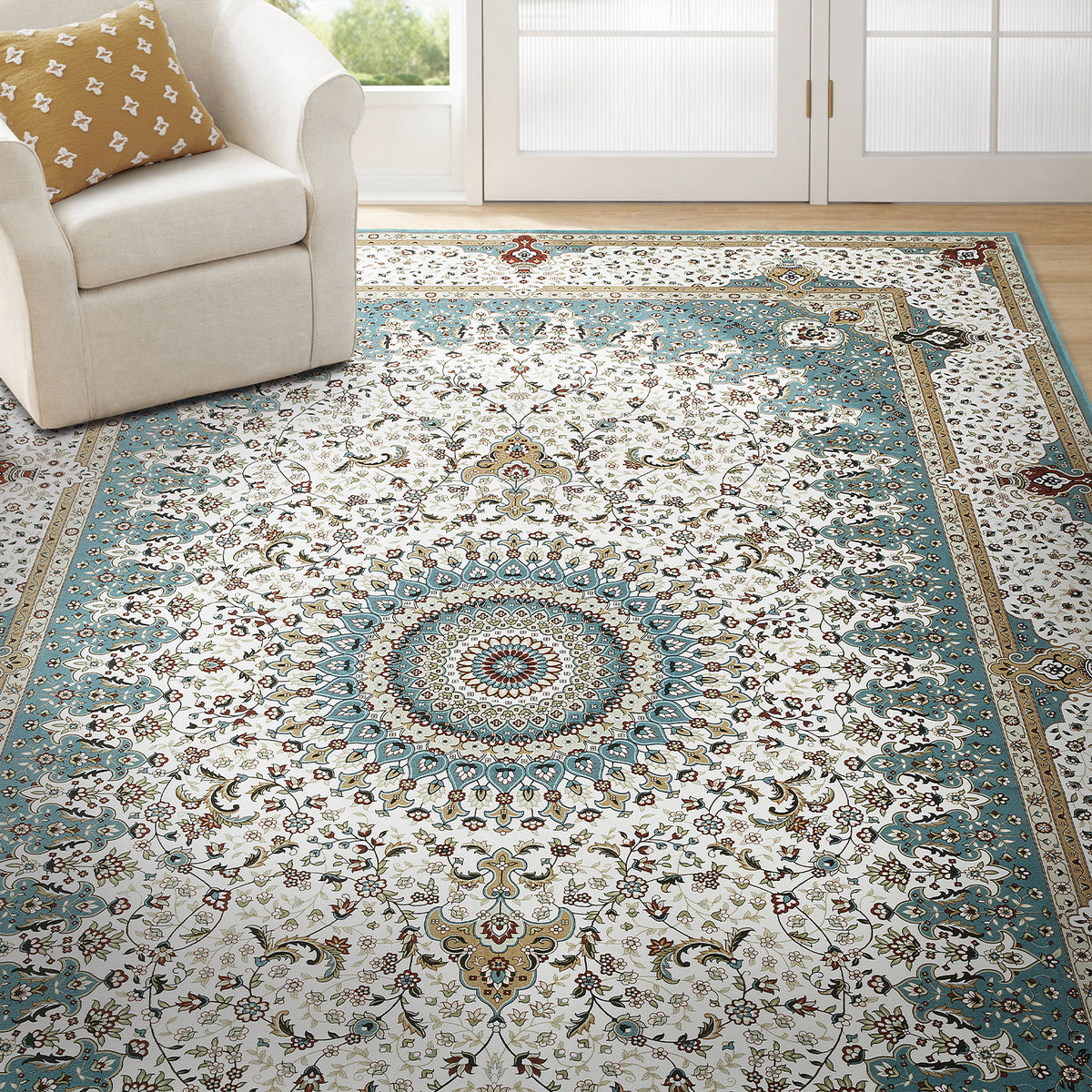 Teal & Cream Persian Medallion Washable Rug - Traditional Floral Area Carpet