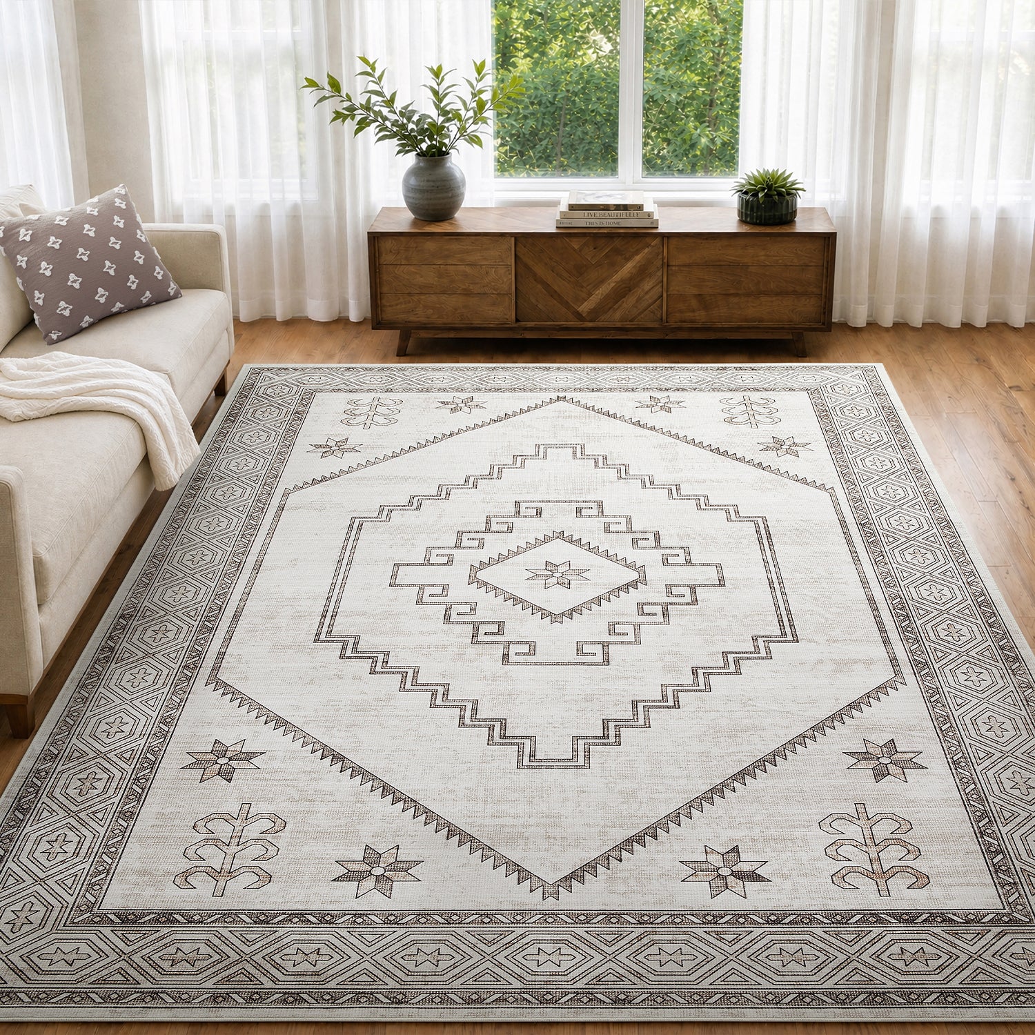 Neutral Cream & Brown Tribal Kilim Washable Runner Rug - Scandinavian Boho Carpet