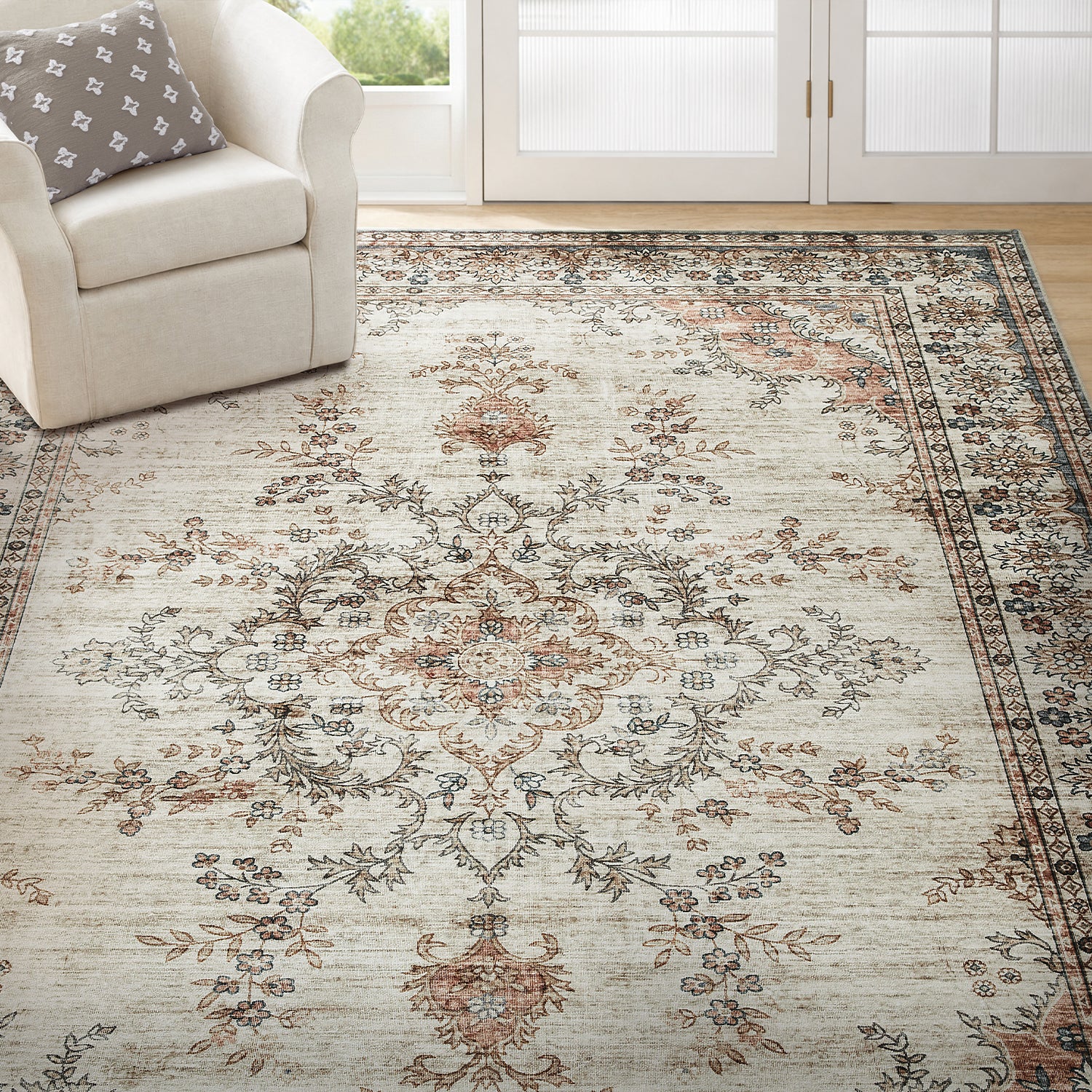 Beige & Terracotta Persian Floral Medallion Washable Rug - Vintage Distressed Carpet