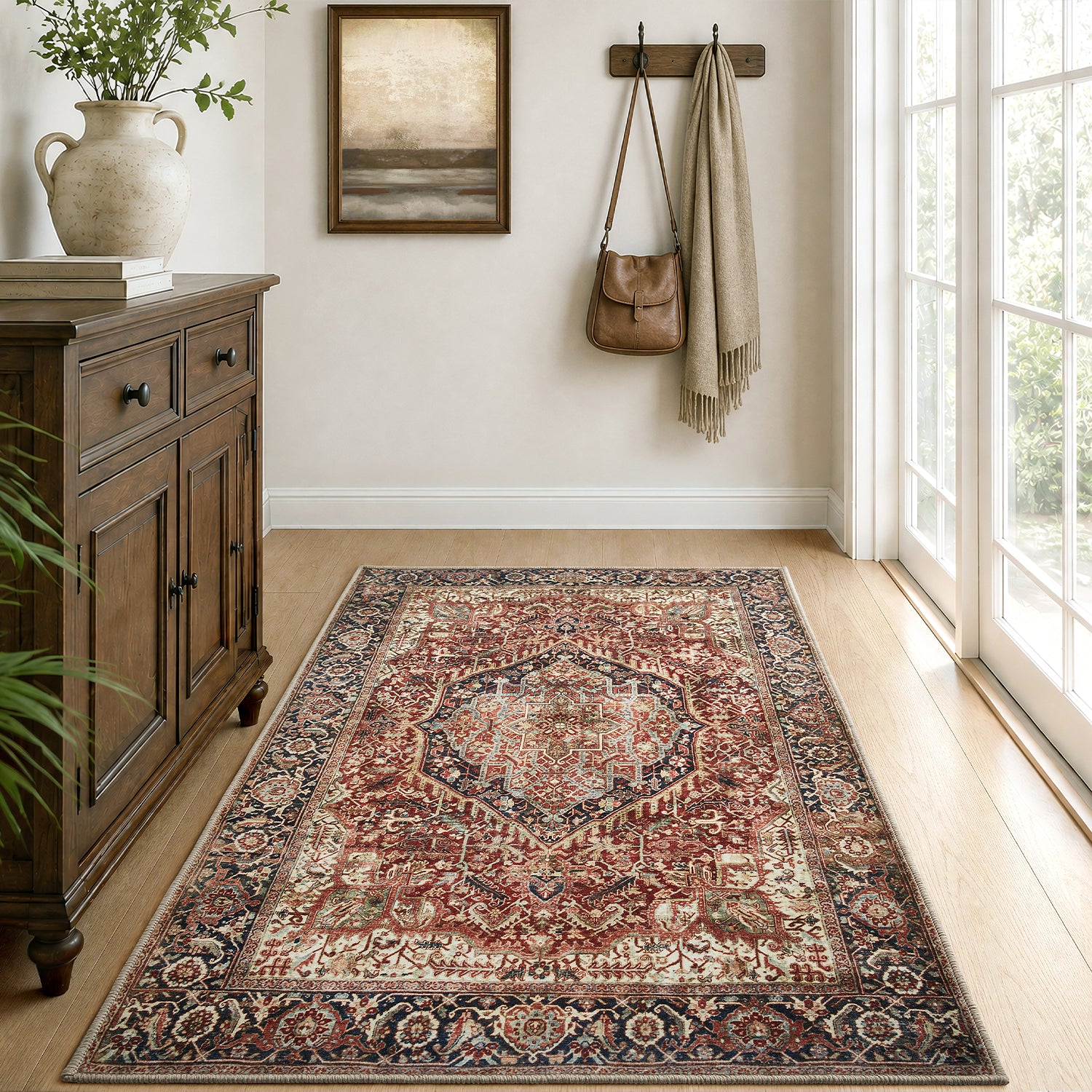 Rust & Navy Heriz Medallion Washable Rug - Traditional Persian Geometric Carpet
