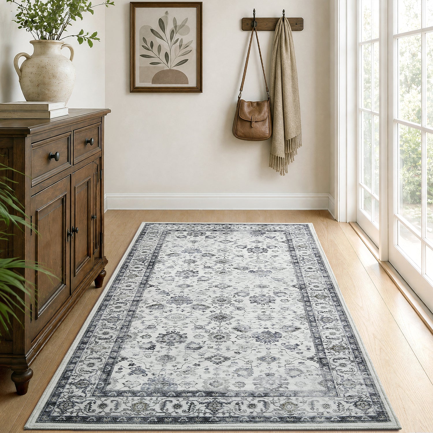 Grey & Ivory Distressed Persian Floral Washable Rug - Traditional All-Over Border Carpet