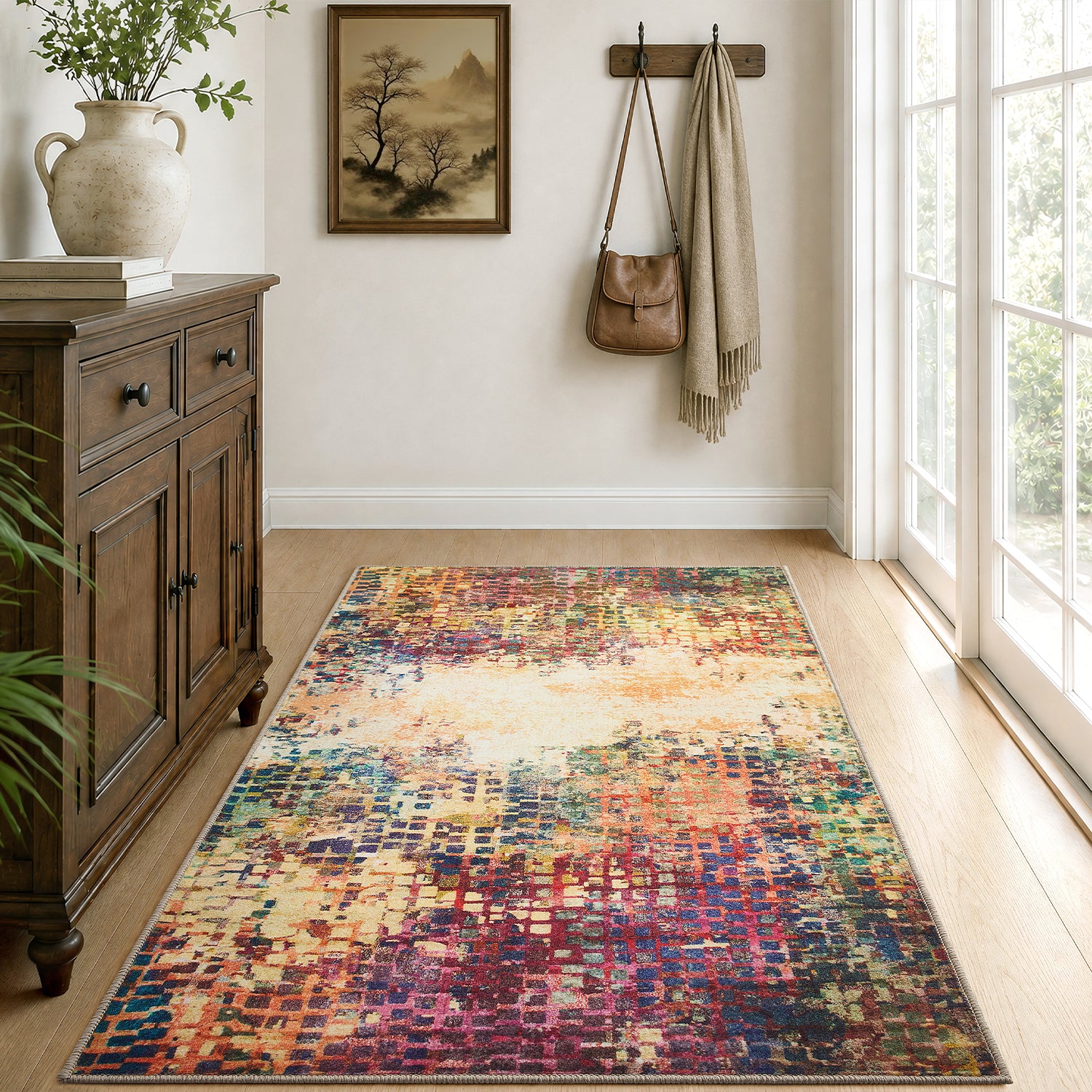Multicolour Abstract Pixel Mosaic Washable Rug - Modern Fade Design Carpet