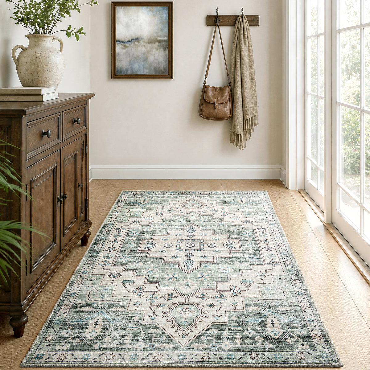Sage Green Heriz Medallion Washable Rug - Vintage Distressed Persian Geometric Carpet