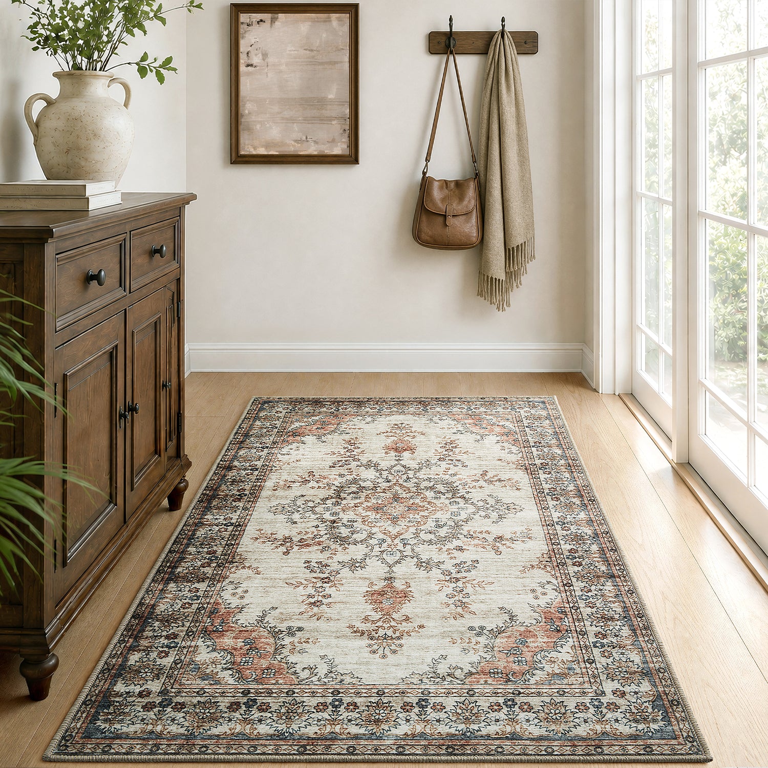 Beige & Terracotta Persian Floral Medallion Washable Rug - Vintage Distressed Carpet