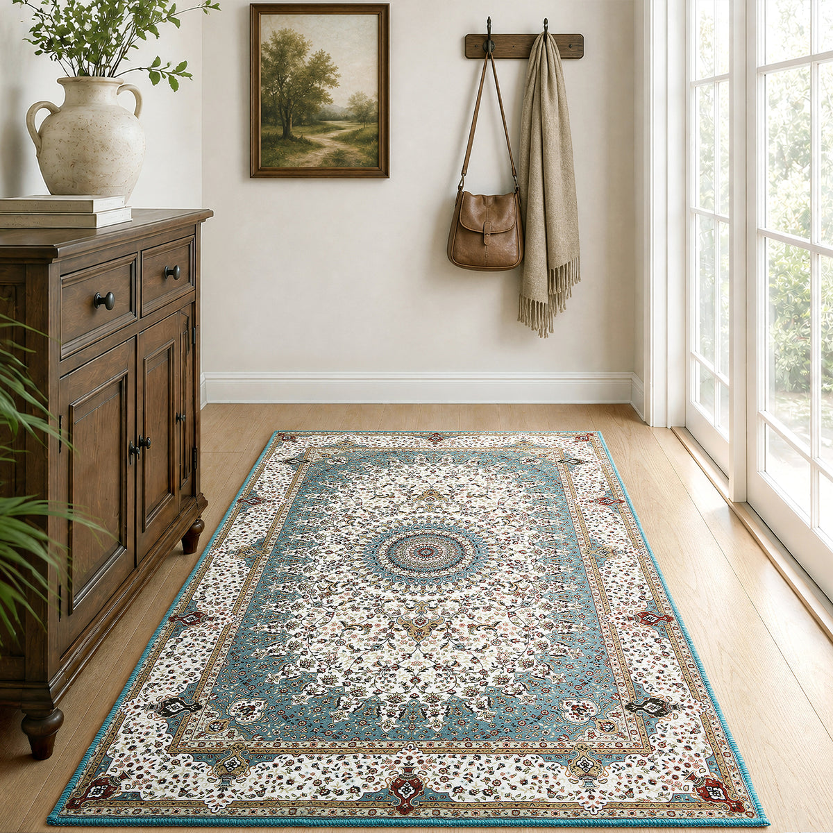 Teal & Cream Persian Medallion Washable Rug - Traditional Floral Area Carpet
