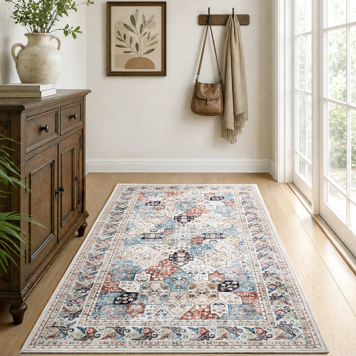 Beige & Blue Multi Mamluk Star Lattice Washable Vintage Area Rug
