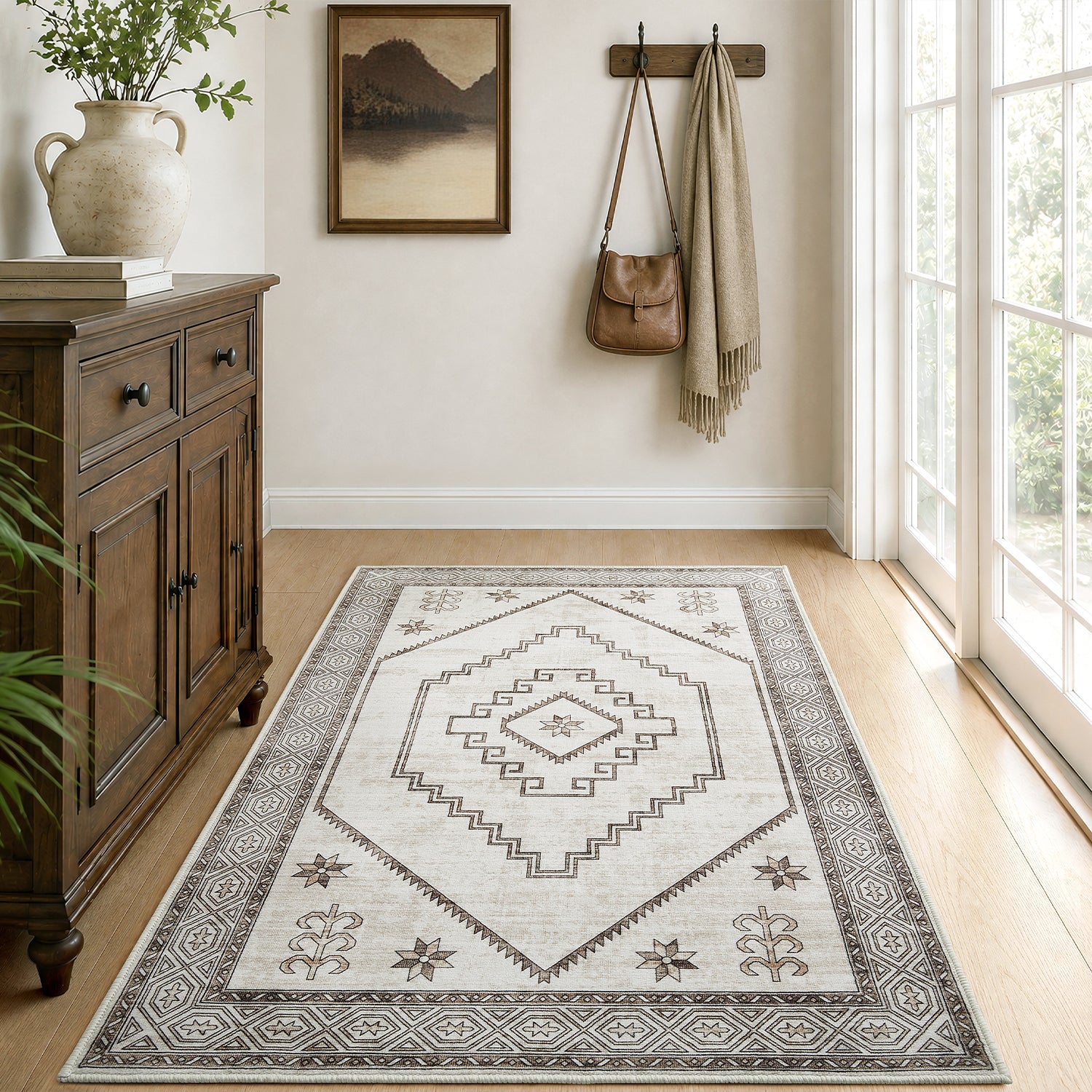 Neutral Cream & Brown Tribal Kilim Washable Runner Rug - Scandinavian Boho Carpet