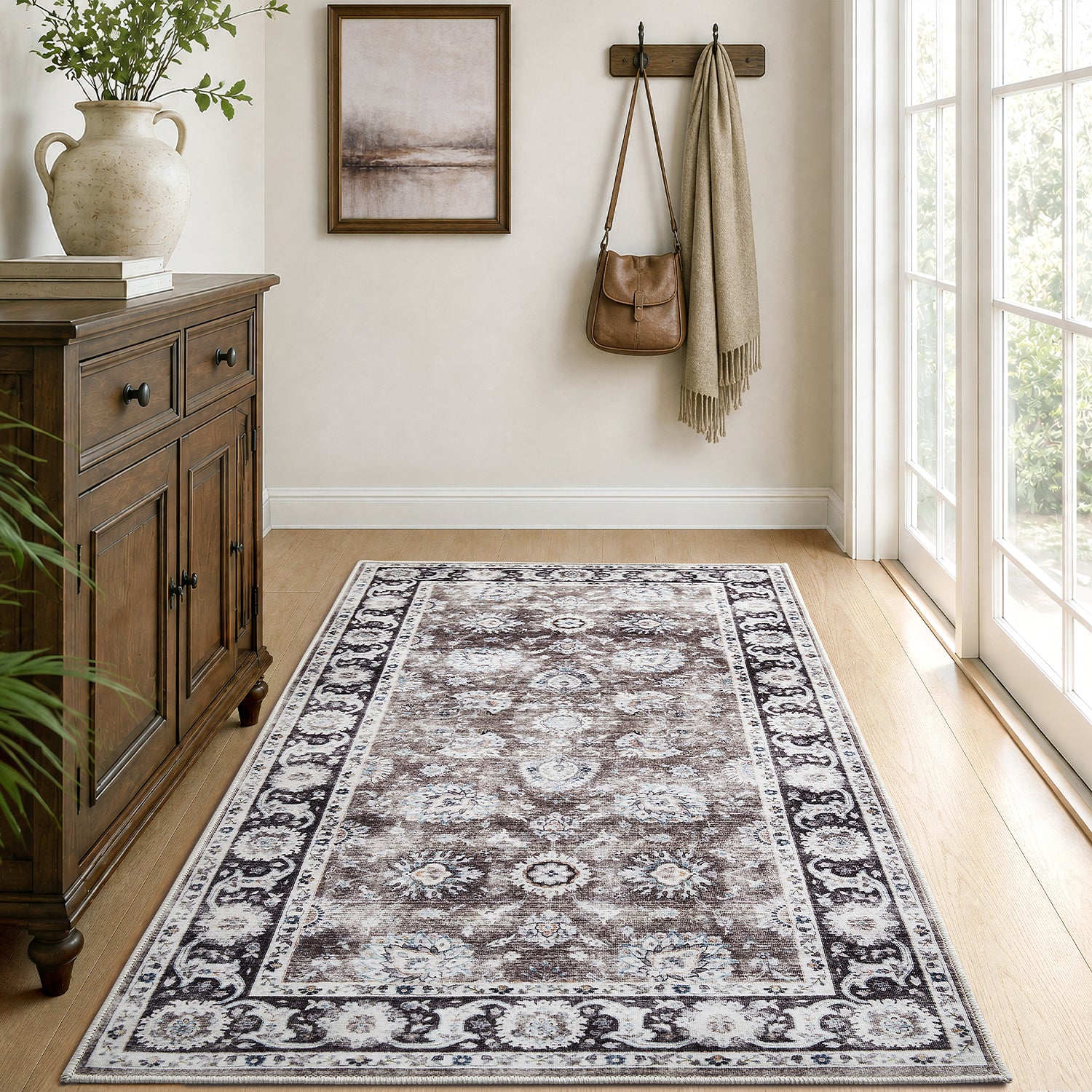 Charcoal & Brown Distressed Persian Floral Washable Rug - Traditional Border Carpet
