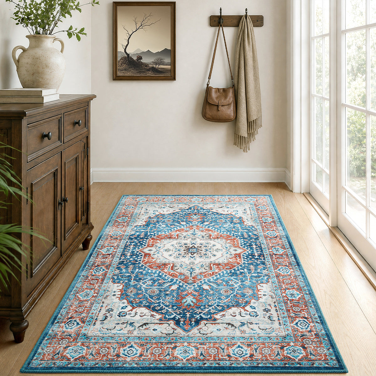 Turquoise & Terracotta Heriz Medallion Washable Carpet Rug - Classic Persian Style