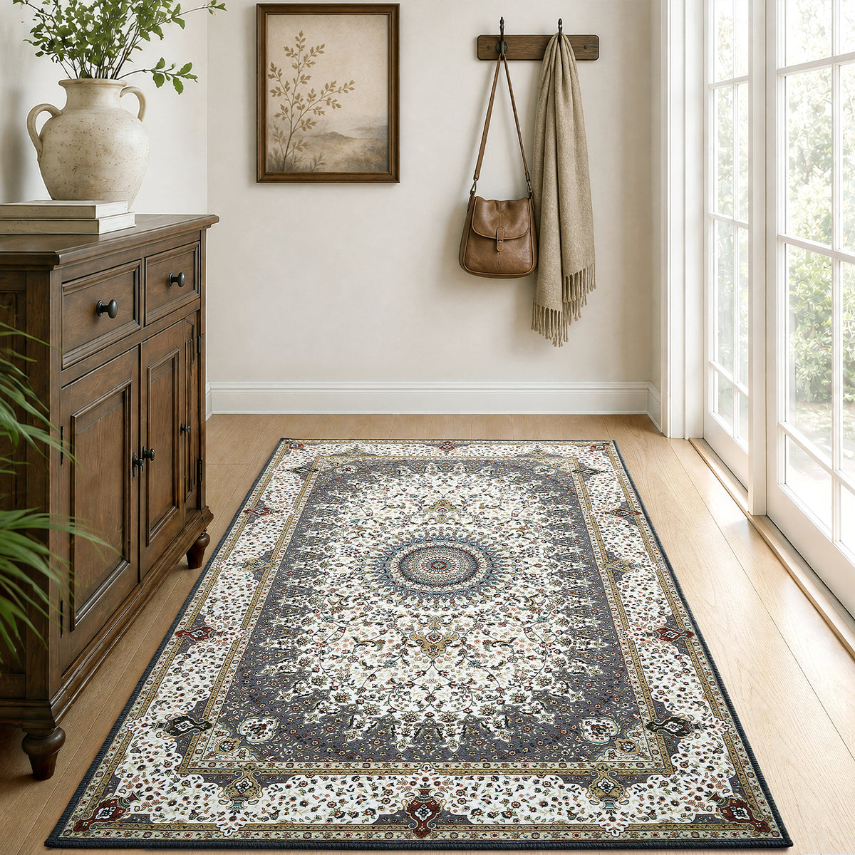 Grey & Cream Persian Rosette Medallion Washable Rug - Traditional Isfahan Carpet