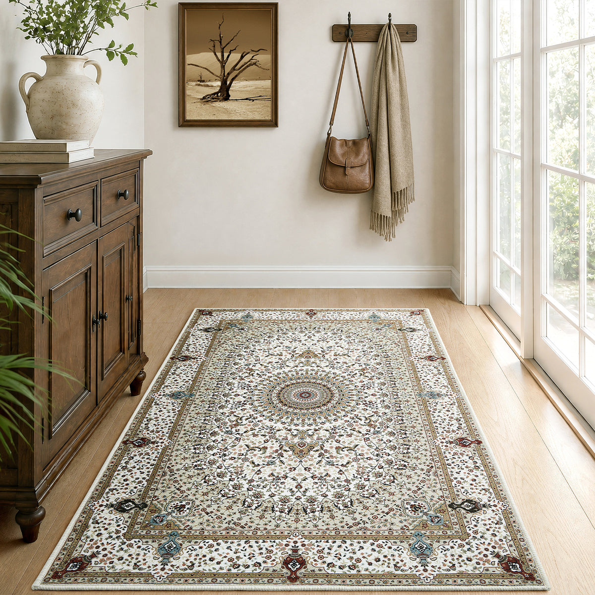 Beige & Cream Persian Medallion Washable Rug - Classic Oriental Carpet