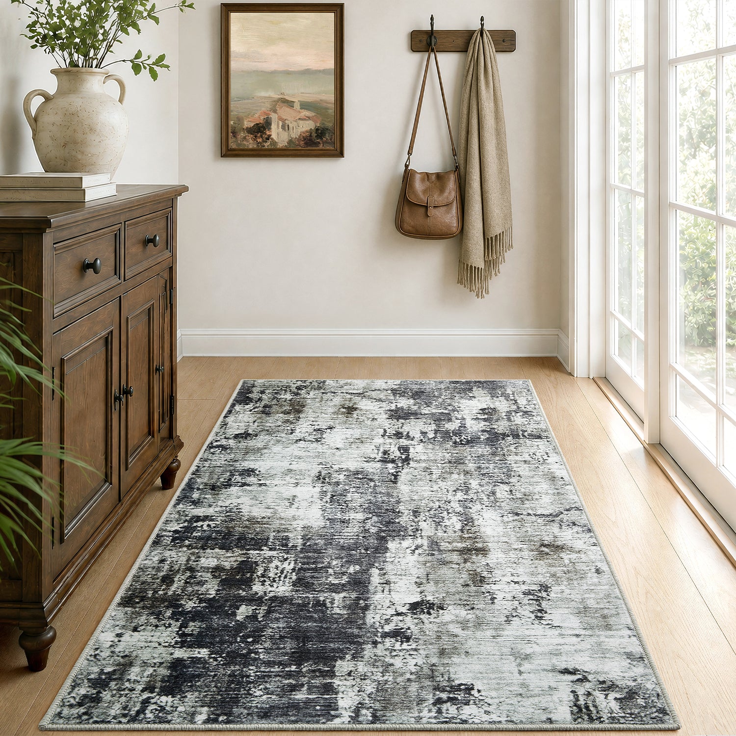 Grey Abstract Distressed Washable Rug - Modern Concrete-Effect Area Carpet
