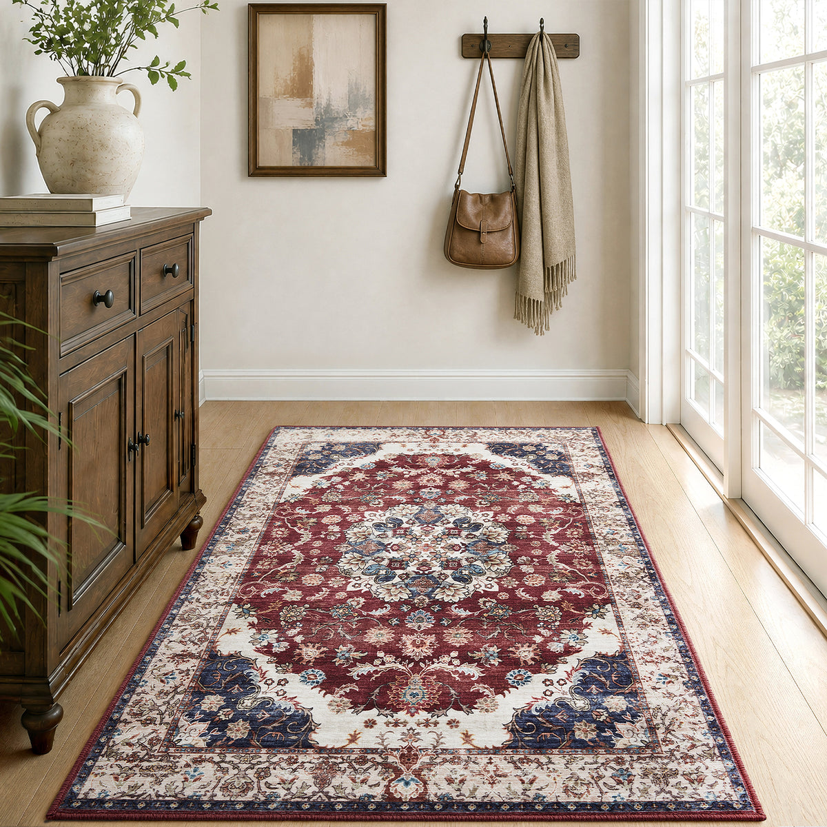 Burgundy & Beige Persian Floral Medallion Washable Rug - Classic Kashan/Tabriz Carpet
