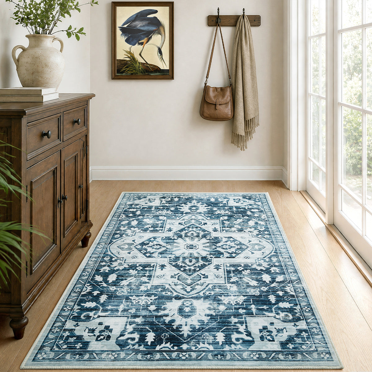 Blue Distressed Heriz Medallion Washable Rug - Persian Geometric Area Carpet