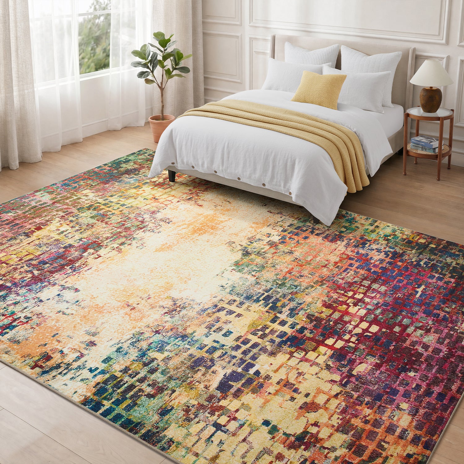 Multicolour Abstract Pixel Mosaic Washable Rug - Modern Fade Design Carpet