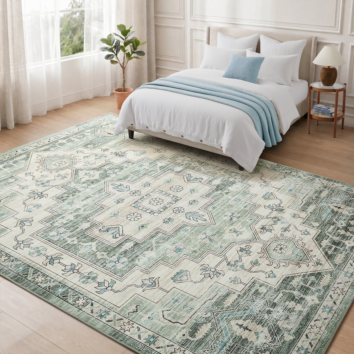 Sage Green Heriz Medallion Washable Rug - Vintage Distressed Persian Geometric Carpet